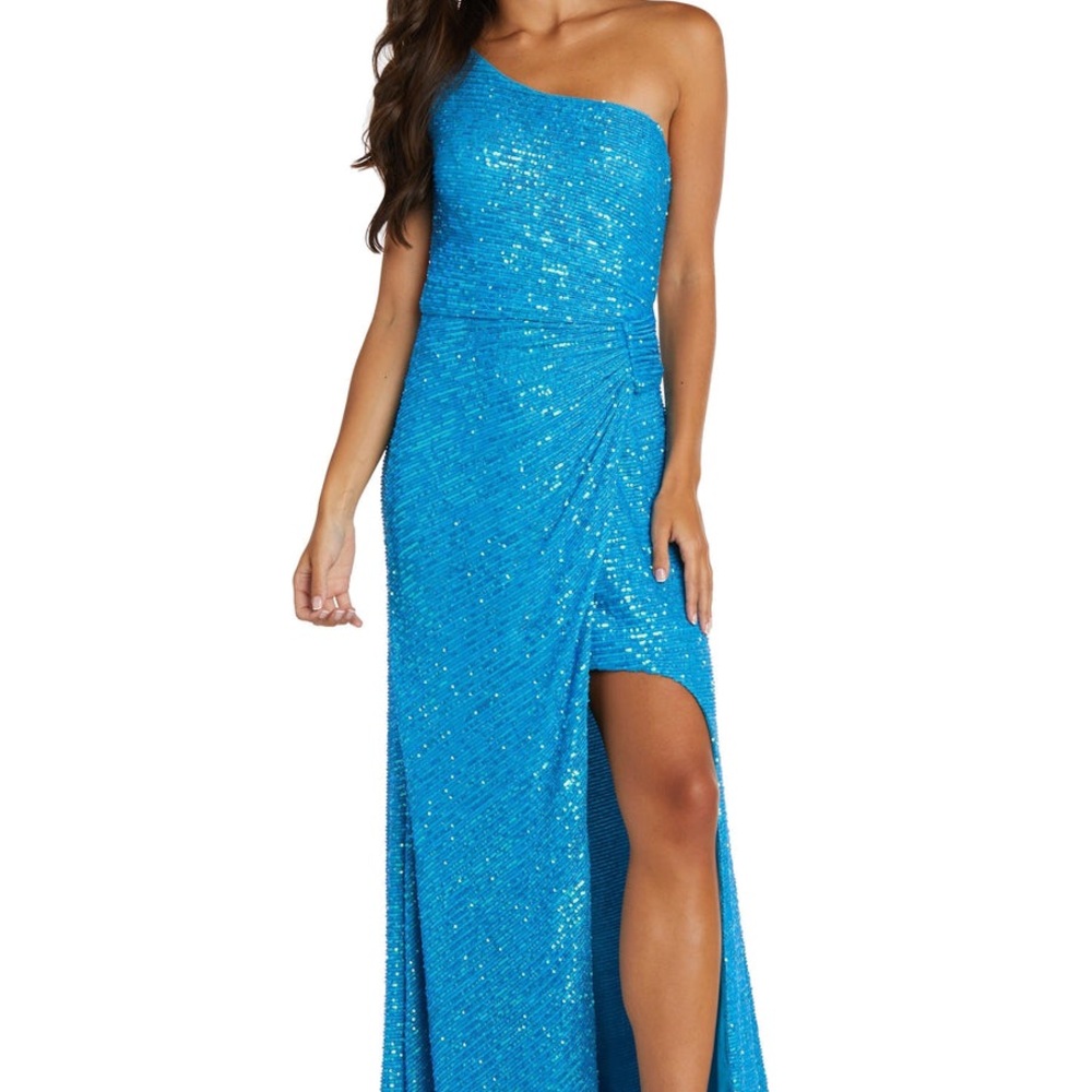 Blue One-Shoulder Sequin Prom Dress